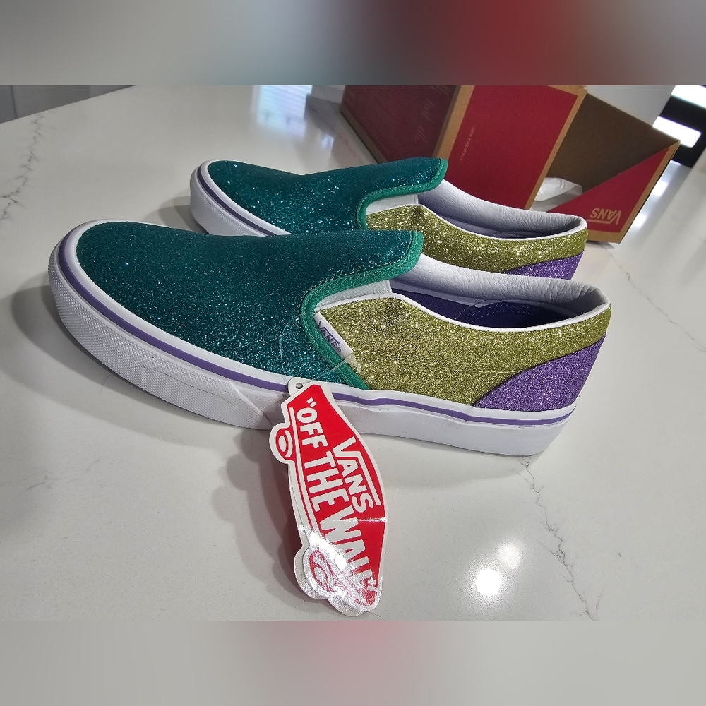 Glitter mermaid slip on VANS purple, gold and teal Size 5